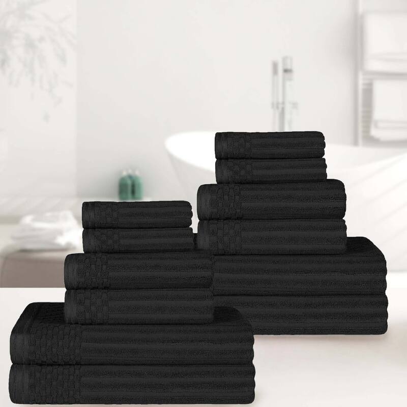 Superior Cotton 12-Piece Solid and Checkered Border Towel Set - Black
