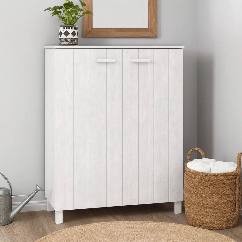 Accent Shoe Cabinet, 2 Doors, Farmhouse White Solid Pine Wood
