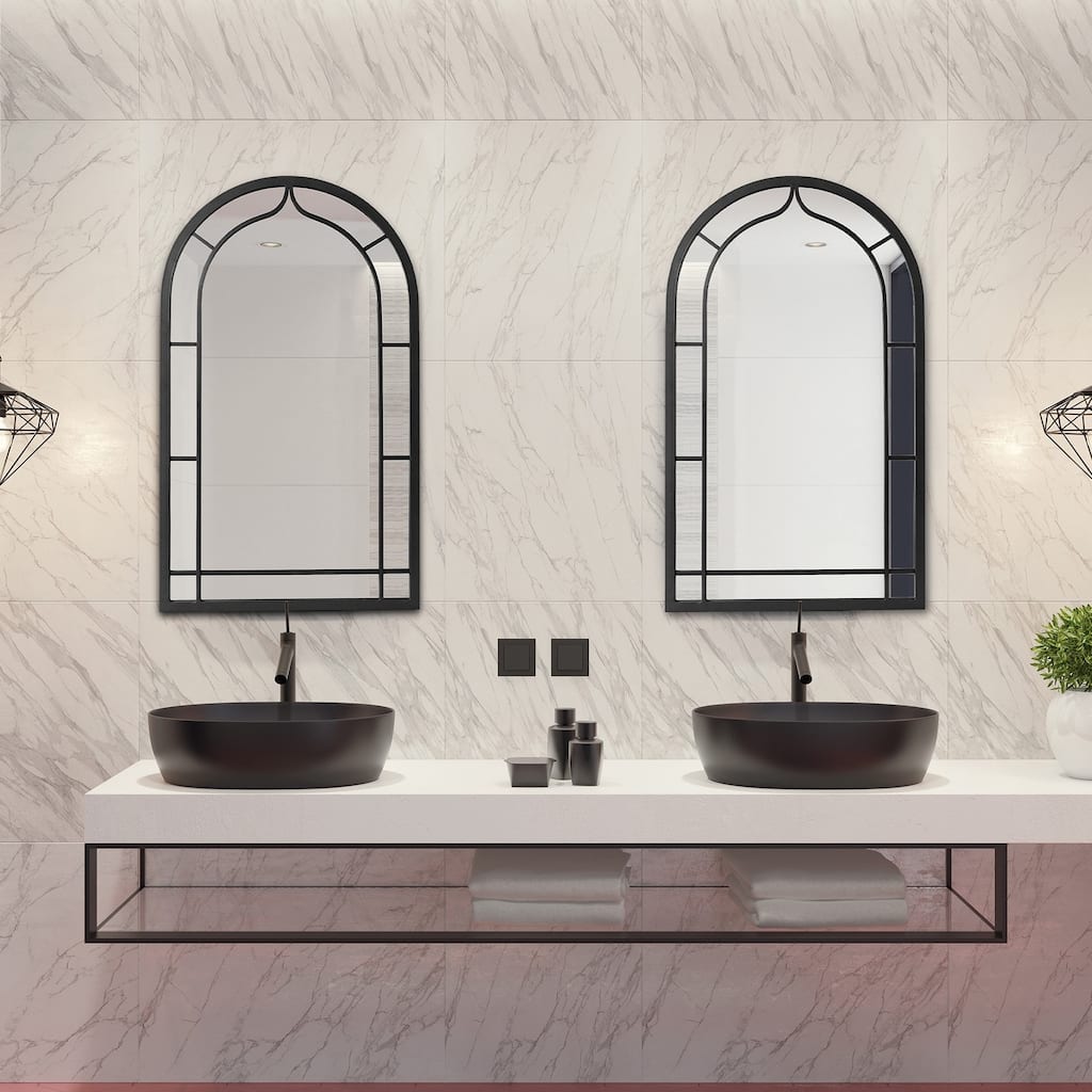Glitzhome Set of 2 Oversized Black Metal/Glass Arched Wall Mirrors Home Decor - 20"L x 33"H