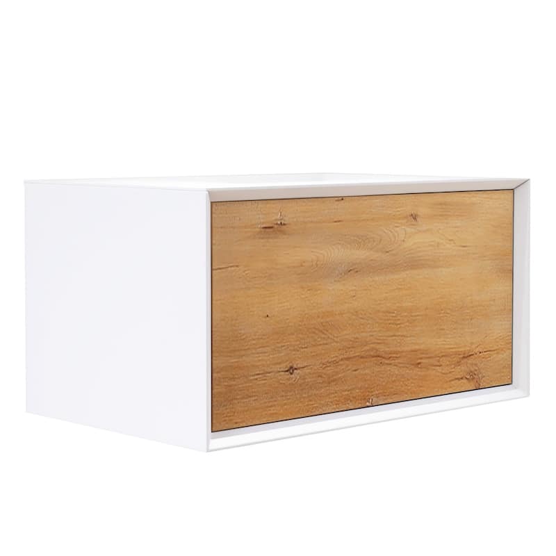 Wall-Mounted 1-drawer Bathroom Vanity Set in White and Oak with Integrated Solid Surface Sink