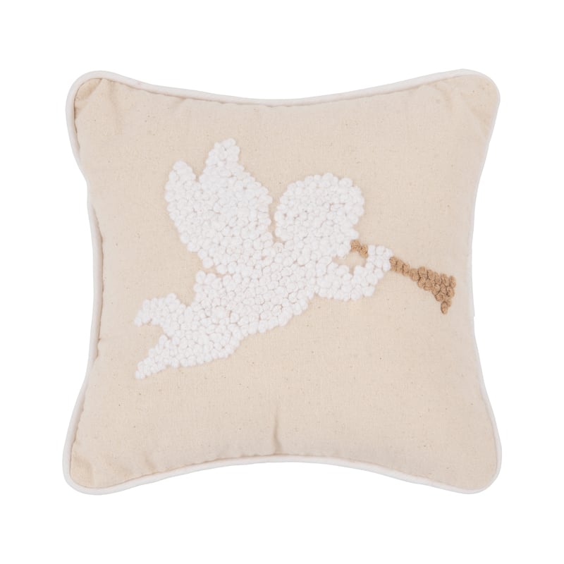 8" x 8" White Singing Angel with Gold Horn on Biege Background French Knot Petite Accent Throw Pillow
