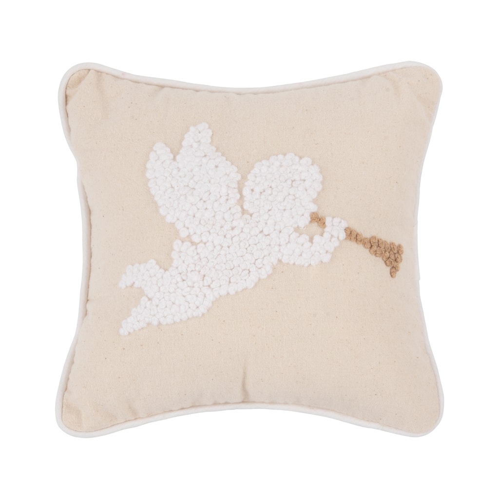 8" x 8" White Singing Angel with Gold Horn on Biege Background French Knot Petite Accent Throw Pillow