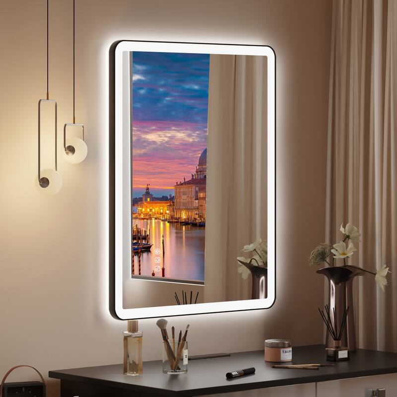QuivaraView Luxury Aluminum Black Micro-arc Framed bathroom Vanity Wall Mounted LED lighted Mirror - 28*36 - Matte Black