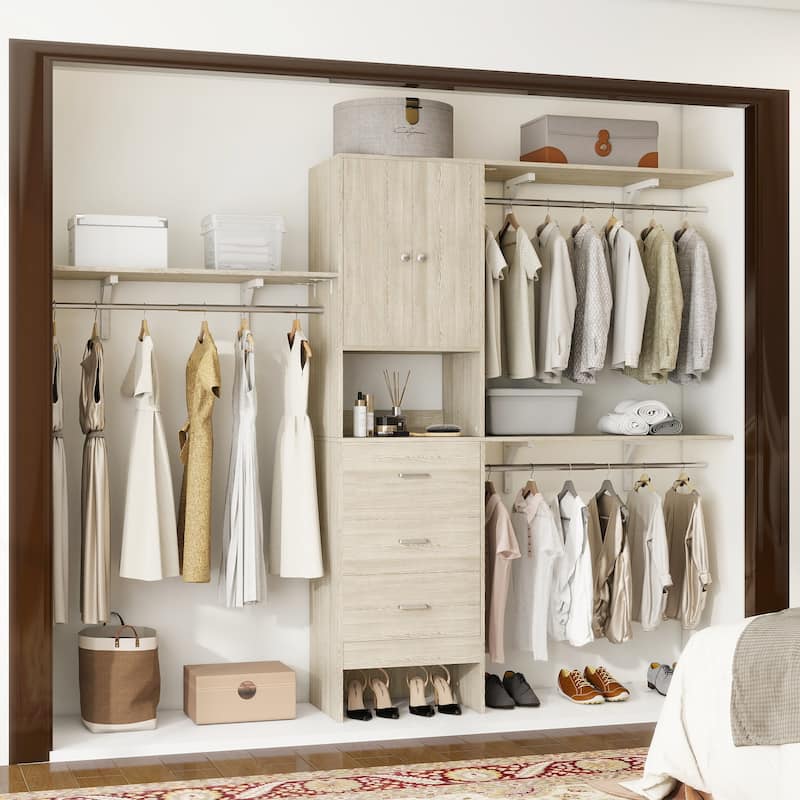 20''-96'' Wide Wooden Closet Organizer With Doors, Adjustable Closet System with Drawers and Hanging Rods - Washed Oak