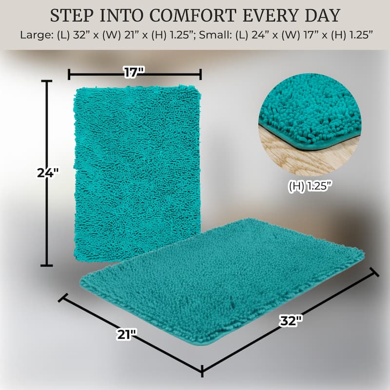 Bathroom Rugs - 2-Piece Memory Foam Bathroom Set with Chenille Shag Top and Non-Slip Base by Windsor Home