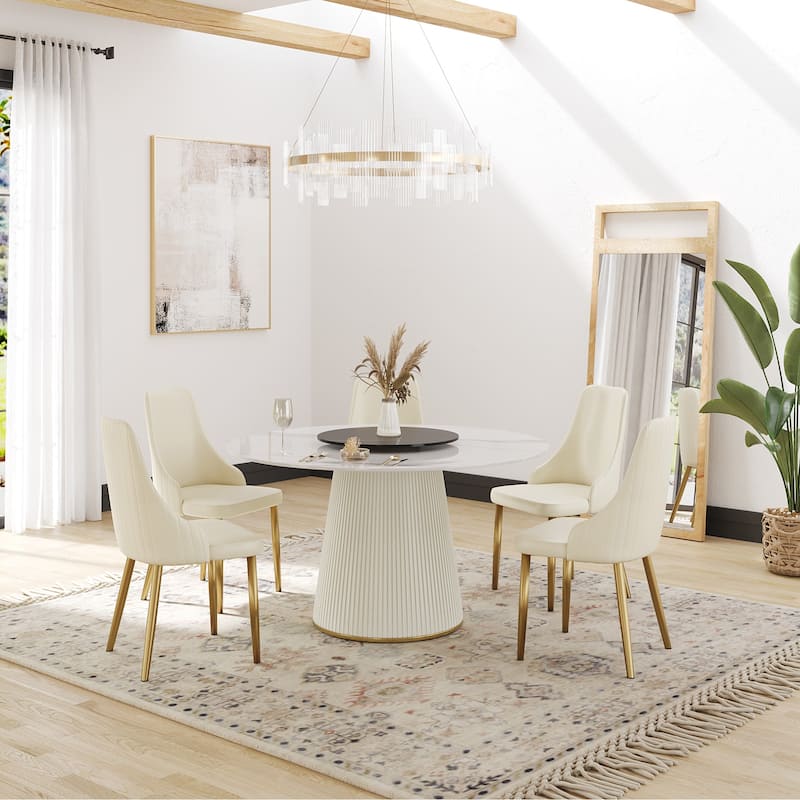 Modern 53" Round White Dining Table for 6 Person Marble Top Gold & Black Pedestal
