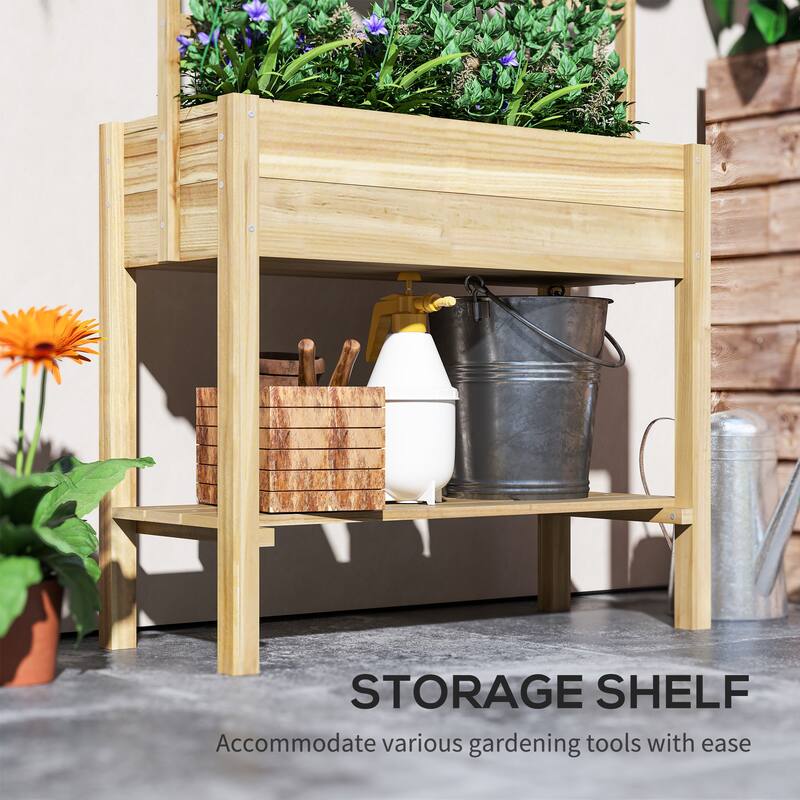 Outsunny Wooden Raised Garden Bed w/ Trellis, Elevated Planter Box w/ Storage Shelf, Drainage Holes & Liner, Outdoor Flower Box