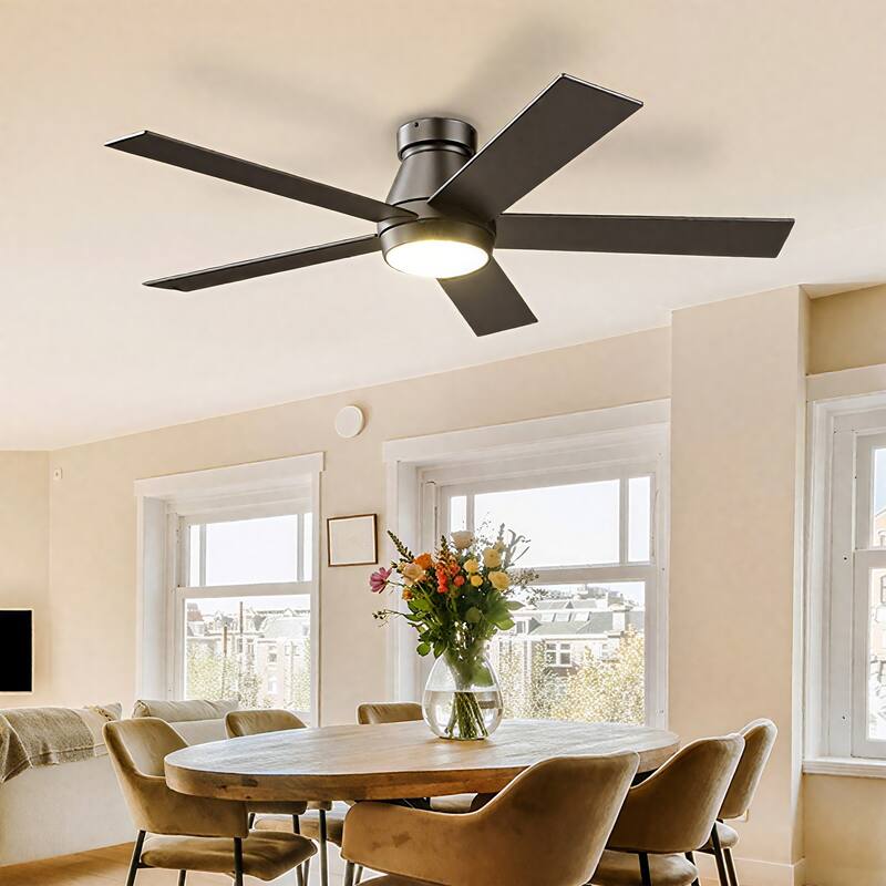 52" Ceiling Fan with Lights, Black Flush Mount Ceiling Fans with Remote Control, 6 Speeds DC Reversible, Dimmable, Noiseless - Black
