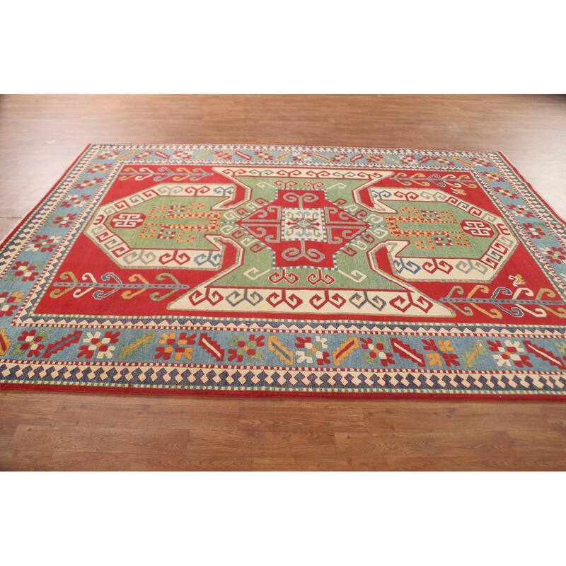 Green & Red Kazak Area Rug Hand-Knotted Wool Carpet - 6'7" x 9'7"