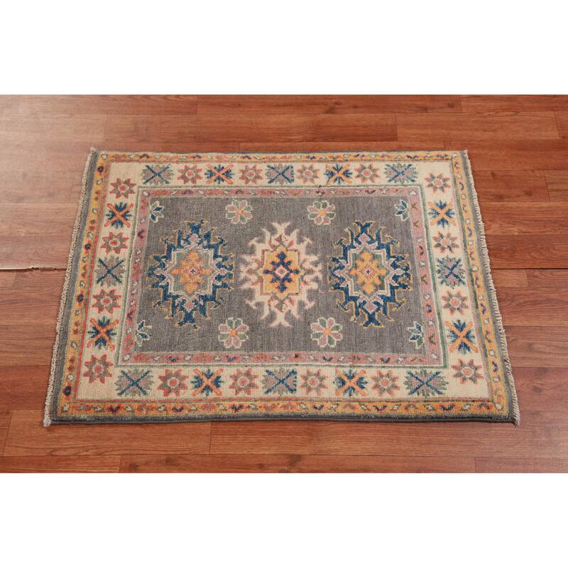 Geometric Kazak Foyer Rug Hand-Knotted Oriental Grey Wool Carpet - 2'0"x 3'0"