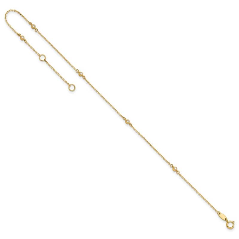 Curata 14k Yellow Gold 9+1" Bezel CZ 5-Station Cable Chain Anklet (Spring-ring)