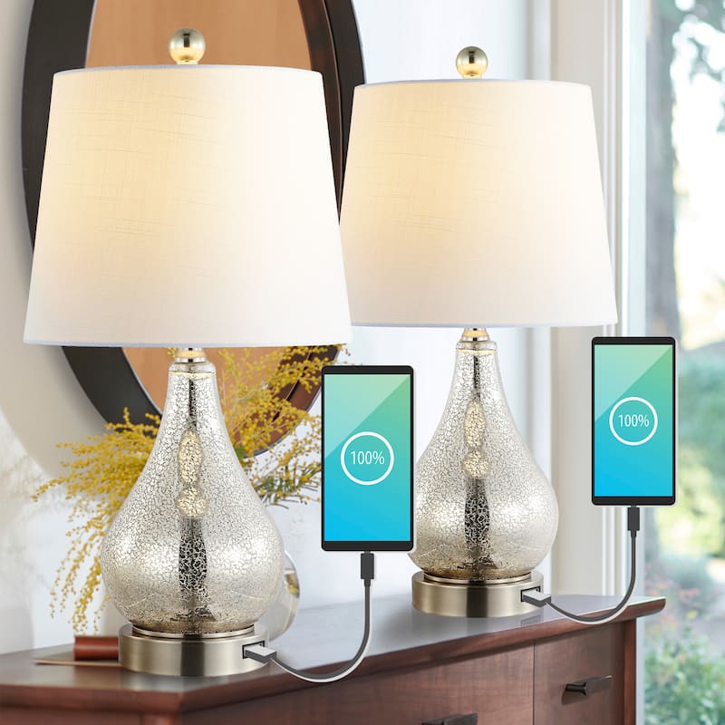 Lily 21" Farmhouse Industrial Iron/Glass LED Table Lamp with USB Charging Port, Silver (Set of 2) by JONATHAN Y