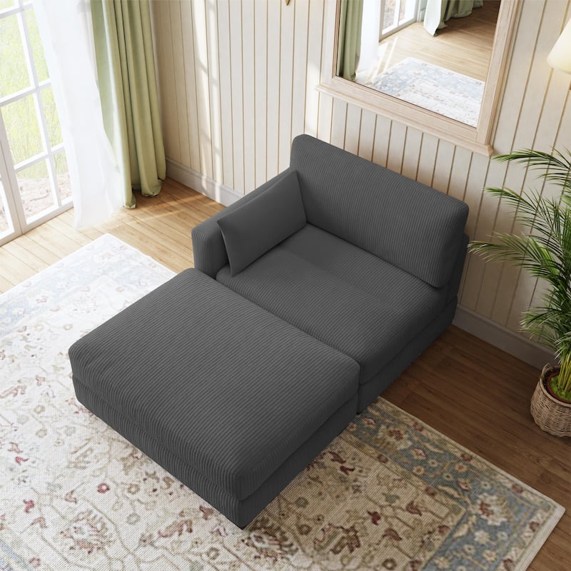 Modern Corduroy Upholstered Sectional Chaise Lounge with Ottoman