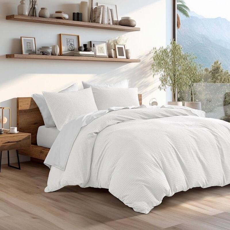 3pc Full/Queen Waffle Weave Solid Textured Comforter Set Ivory Bed