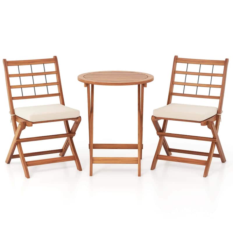 Folding Patio Bistro Set Acacia Wood Balcony Furniture Teak Table Set - White
