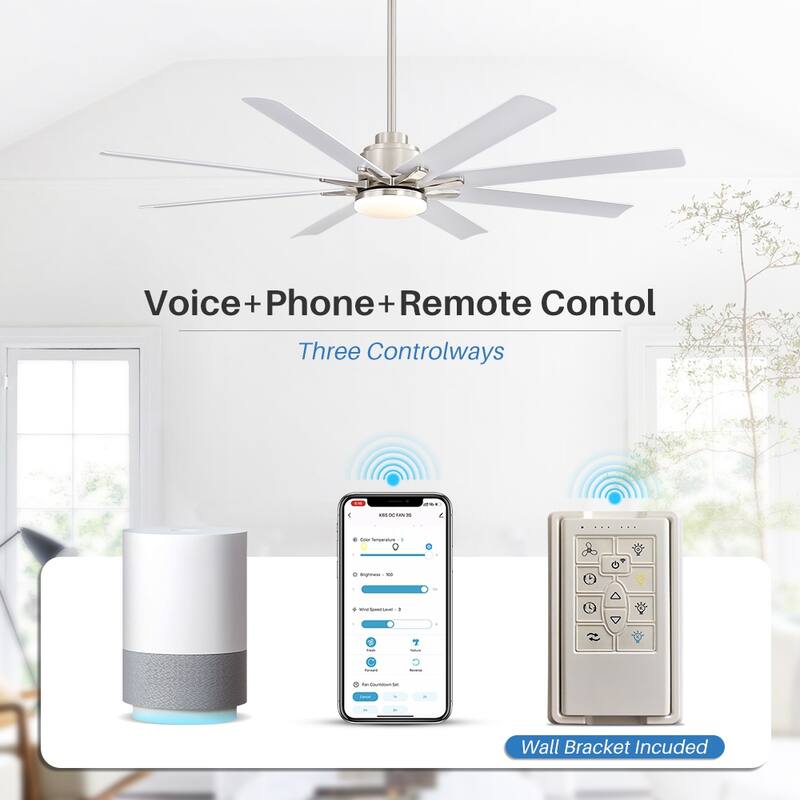 Sofucor 52"/66"/72"/76 Inch Modern Ceiling Fan with Dimmable LED Light ,Remote&APP Control,8 Blades for Large Living Room,Porch