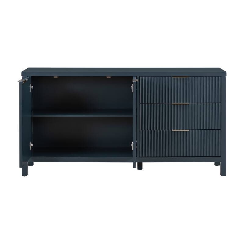 4-Door Wave-Pattern Buffet Cabinet with Wood Legs and Aluminum Handles, Kitchen Cabinet with Adjustable Shelves & 3 Drawers