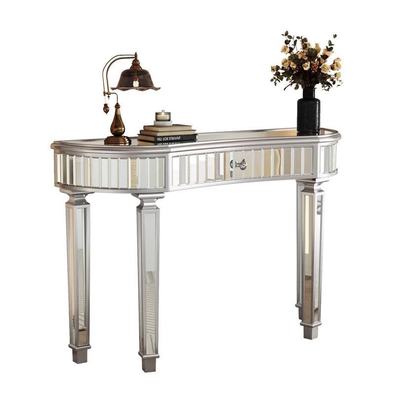 47 inch Half Moon Mirrored Console Table Fluted Glass Crystal Knob Drawer Silver Gold