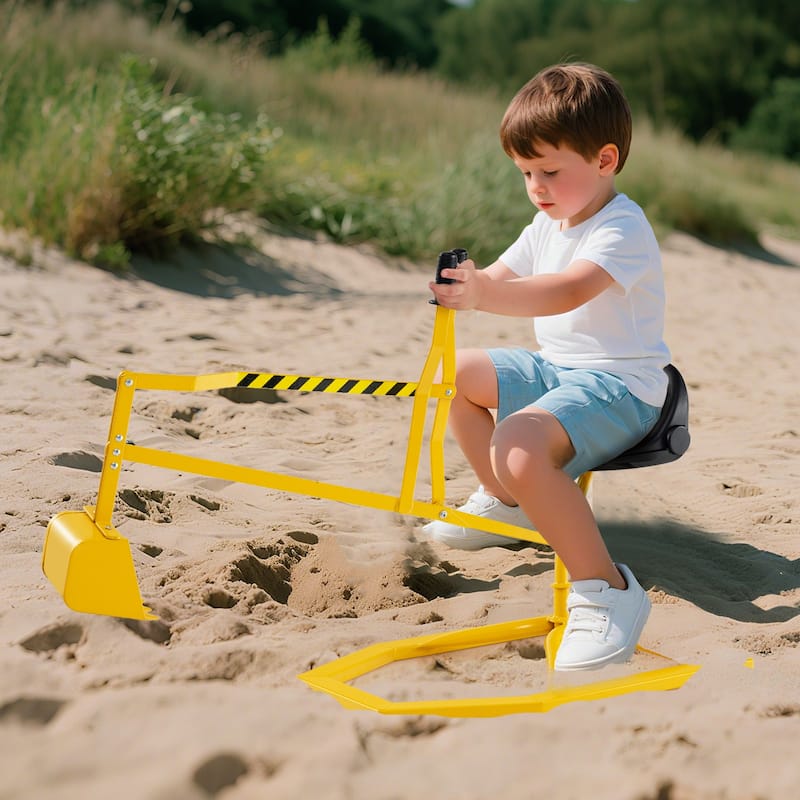 Yellow Sturdy Metal Sand Digger Toy with 2-Hand Controls and Ergonomic Seat for Kids - 44" x 16" x 25"