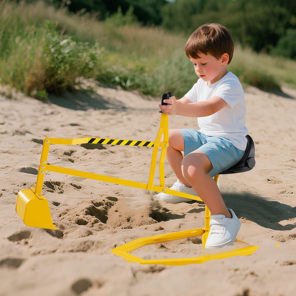 Yellow Sturdy Metal Sand Digger Toy with 2-Hand Controls and Ergonomic Seat for Kids - 44" x 16" x 25"
