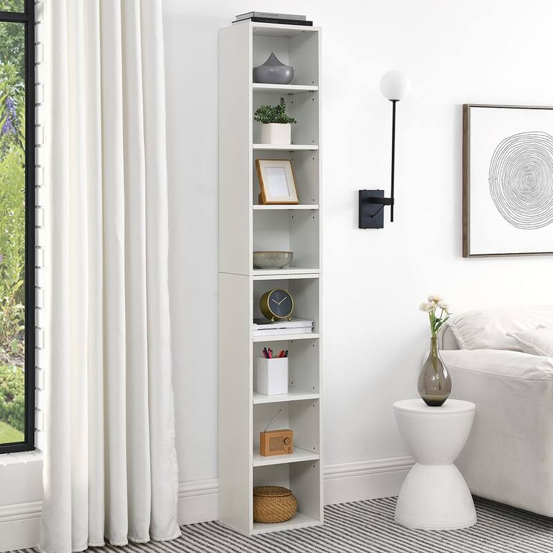 8-Tier Media Tower Rack Bookcase Display Bookshelf CD DVD Slim Storage Cabinet With Adjustable Shelves - White