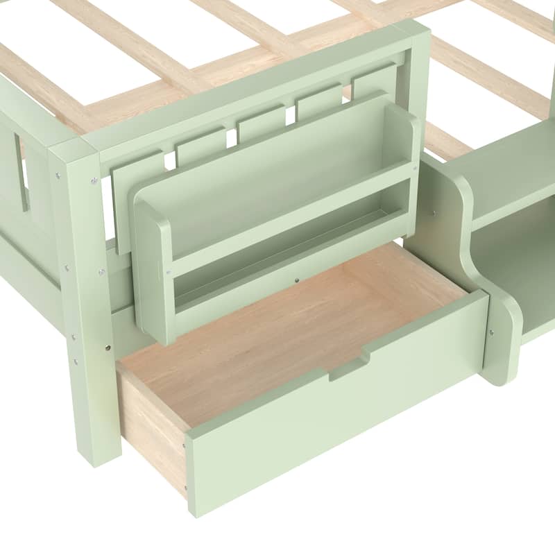 Full/Twin Loft Bed with Storage Drawers, Safety Staircase & Rails