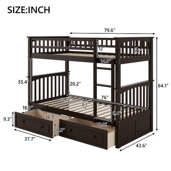 dimension image slide 5 of 6, Full or Twin Bunk Bed with Safety Guardrail & 2 Storage Drawers, Convertible Beds Wood Slat Support Bunk Bed