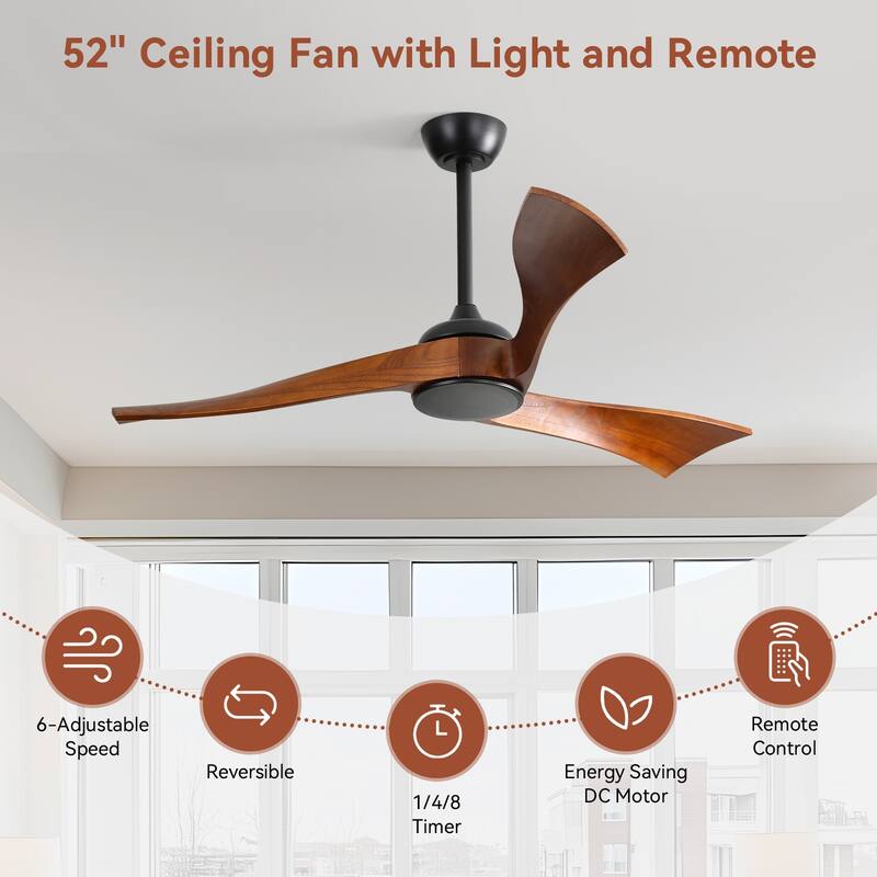 52''/60" Large Ceiling Fan without Lights, Remote Control and Reversible Motor Included, 3 Wood Blades