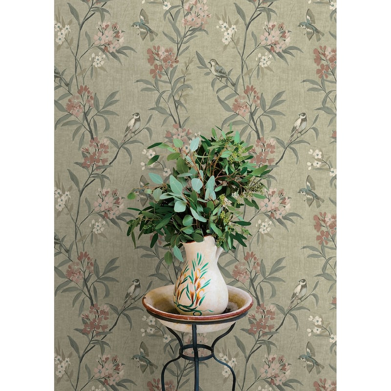 Chesapeake Tea Olive Green Finch Frolic Wallpaper