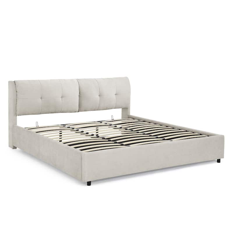 King Size Chenille Upholstered Bed with Hydraulic Lift-Up Storage & Integrated Headboard