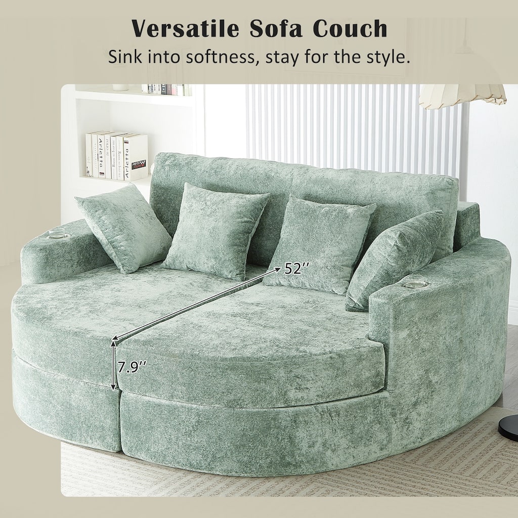 Curved Chaise Lounge Sofa for Living Room, Upholstered Sleeper Sofa Bed Boneless Couch with Cup Holders