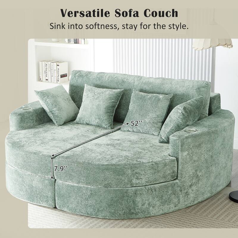 Curved Chaise Lounge Sofa for Living Room, Upholstered Sleeper Sofa Bed Boneless Couch with Cup Holders - Green