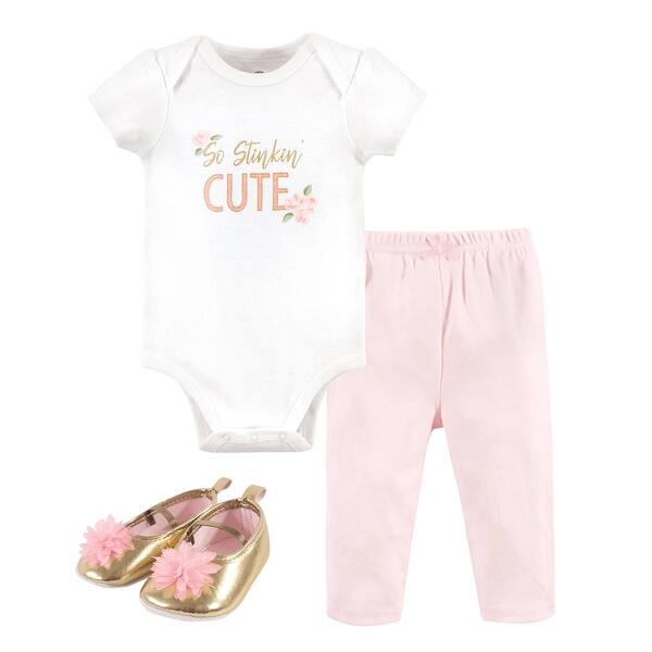 slide 1 of 1, Little Treasure Baby Girl Cotton Bodysuit, Pant and Shoe 3pc Set, Stinkin Cute 0-3 Months - Stinkin Cute