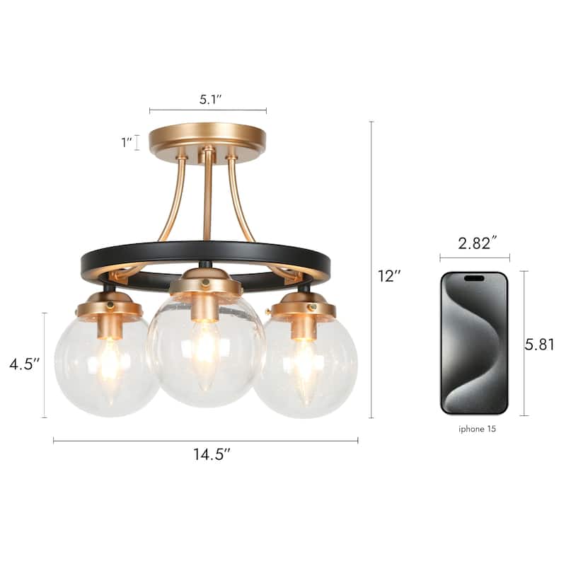 Modern Black Gold 3-Light Seeded Glass Semi-Flush Mount Ceiling Light for Kitchen