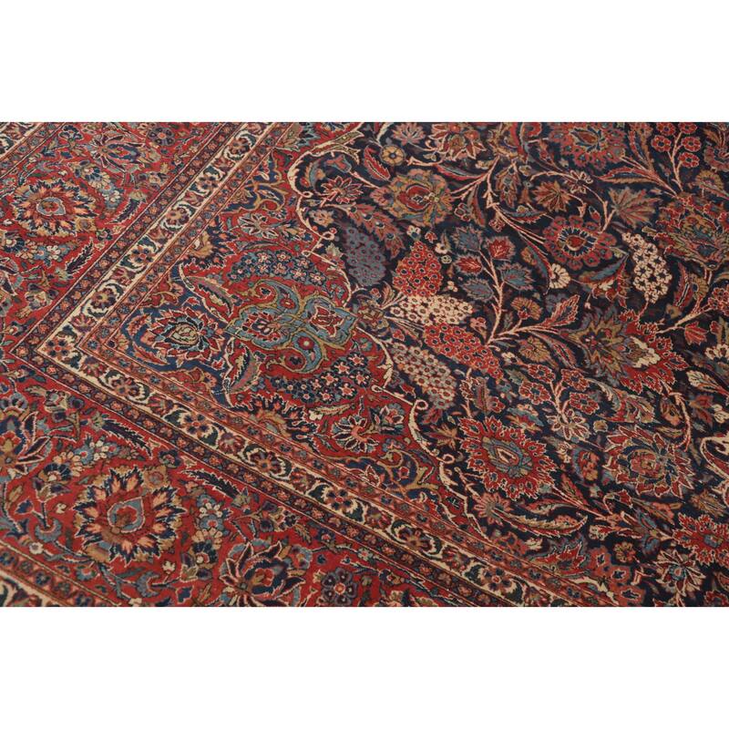 Hand Knotted Oriental 100% Wool Carpet Traditional Floral Navy Blue & Blues Kashan Area Rug - 14' 2'' X 10' 0''