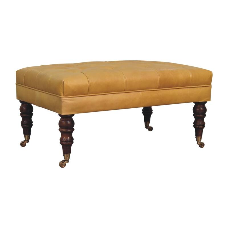 Artisan Furniture Solid Wood Honey Caramel Buffalo Ash Black Leather Ottoman with Castor Legs