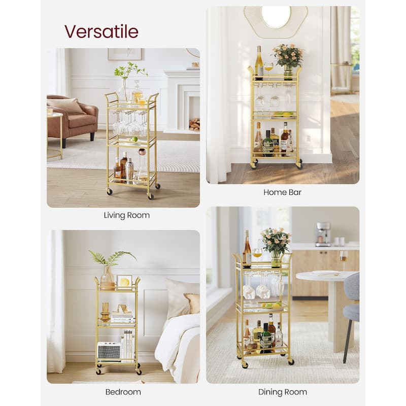 3 Tier Modern Compact Bar Cart with Mirrored Shelves Lockable Casters and Wine Glass Storage Rack - 11.8”D x 18.4”W x 36.2”H