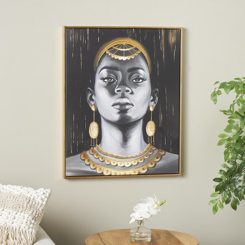 Canvas Woman Shaded Living Room Framed Wall Art with Decorative Jewelry and Gold Foil Accents - Black - Roche River Decor