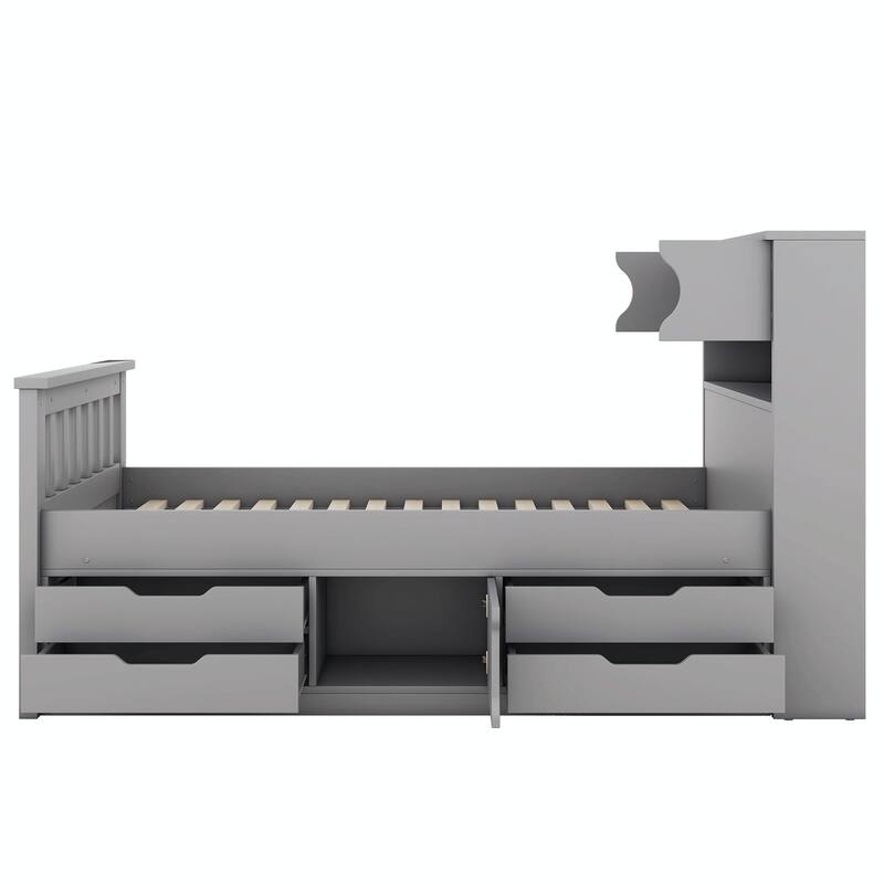 Captain Platform Bed Frame with Storage Bookcases, Shelves & Four Drawers