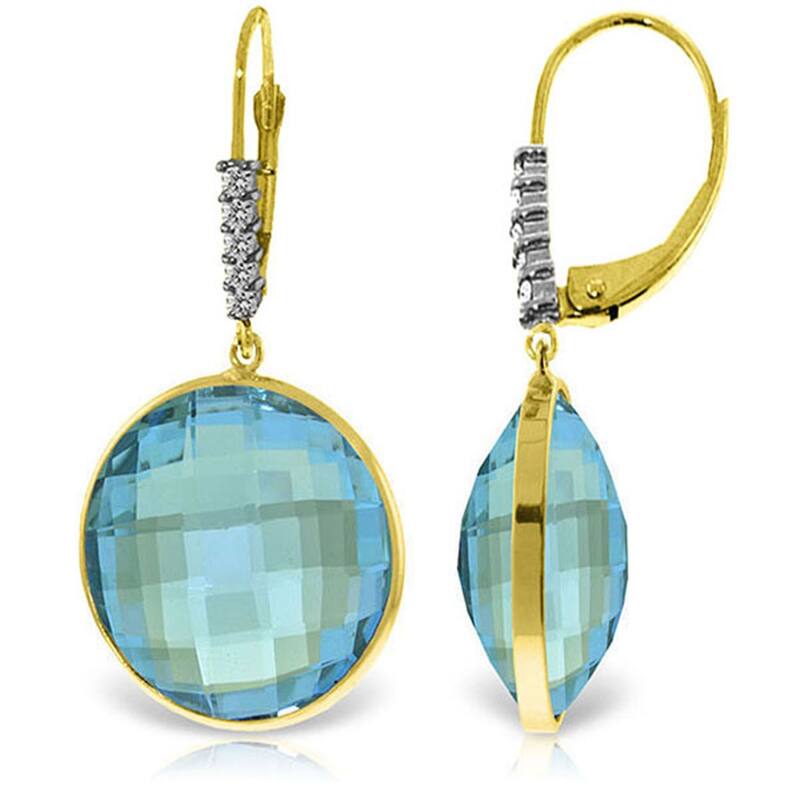 14K Solid Gold Diamonds Earrings w/ Checkerboard Cut Round Blue Topaz - Yellow