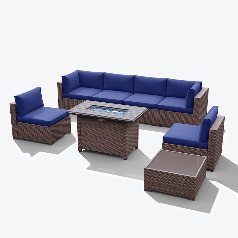 Outdoor 8 Pieces Sectional Wicker Sofa Set with Fire Pit