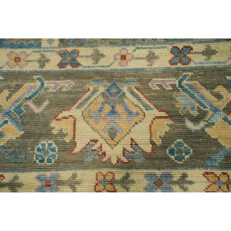 Handmade Gray Oushak Vegetable Dye Area Rug, Floral Geometric Carpet - 11' 10'' X 9' 2''