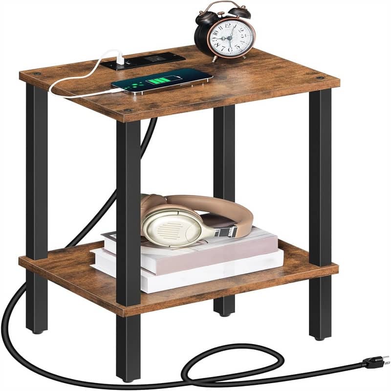 Side Table End Table with Charging Station - Rustic Brown and Black