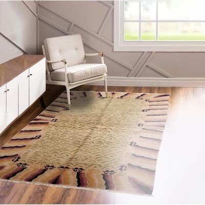 Hand Knotted Beige, Sage Tibetan 100% Wool Modern Oriental Area Rug - 3' 11'' x 7'