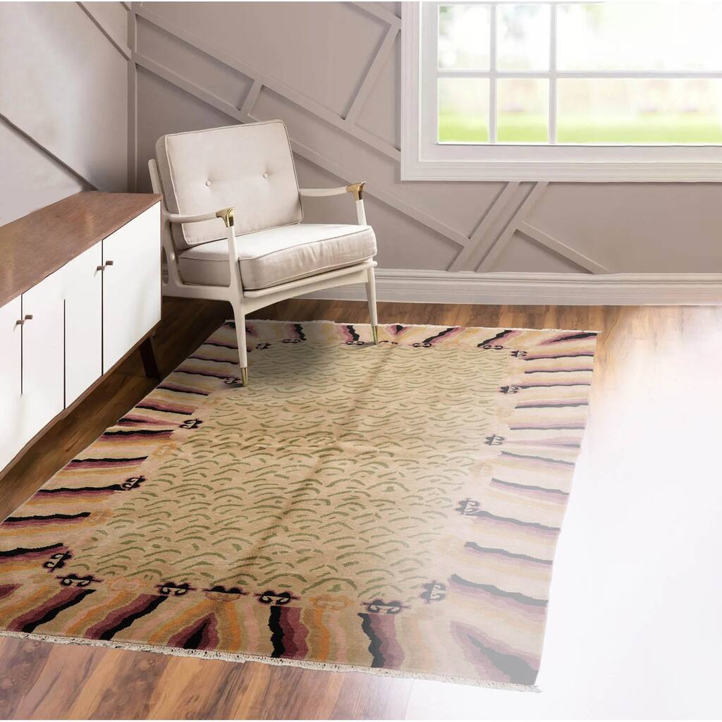 Hand Knotted Beige, Sage Tibetan 100% Wool Modern Oriental Area Rug - 3' 11'' x 7'