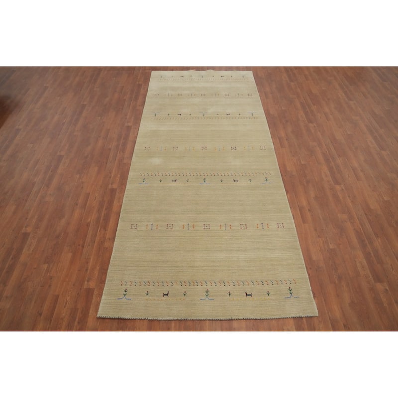 Hand Knotted Oriental 100% Wool Carpet Tribal Animal Pictorial Beige & Ivories Gabbeh Area Rug - 11' 8'' X 4' 11''