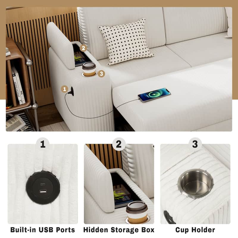 94" Pull-Out L-Shaped Sectional Sofa with Movable Ottoman,Stool,Cup Holder and Two USB Ports