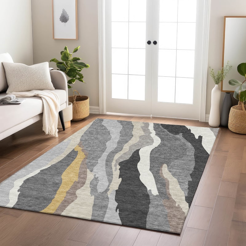 Machine Washable Indoor/ Outdoor Abstract Contemporary Chantille Rug