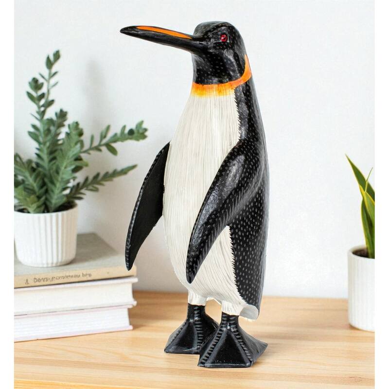 Wood Penguin Figurine Hand Carved Arctic Animal Statue, Winter Shelf Decor