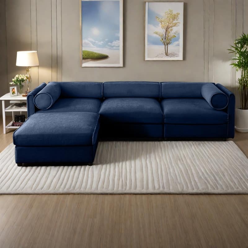 109" L-Shaped 3-Seater Chenille Sofa with Ottoman and Hidden Storage(Cylindrical Backrest Design)
